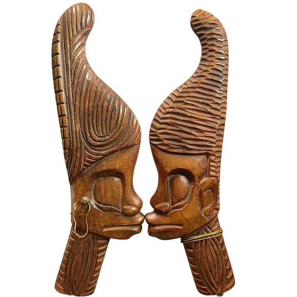 Vintage African Woman & Man Wood Carving Hanging WallArt 14” x 4”